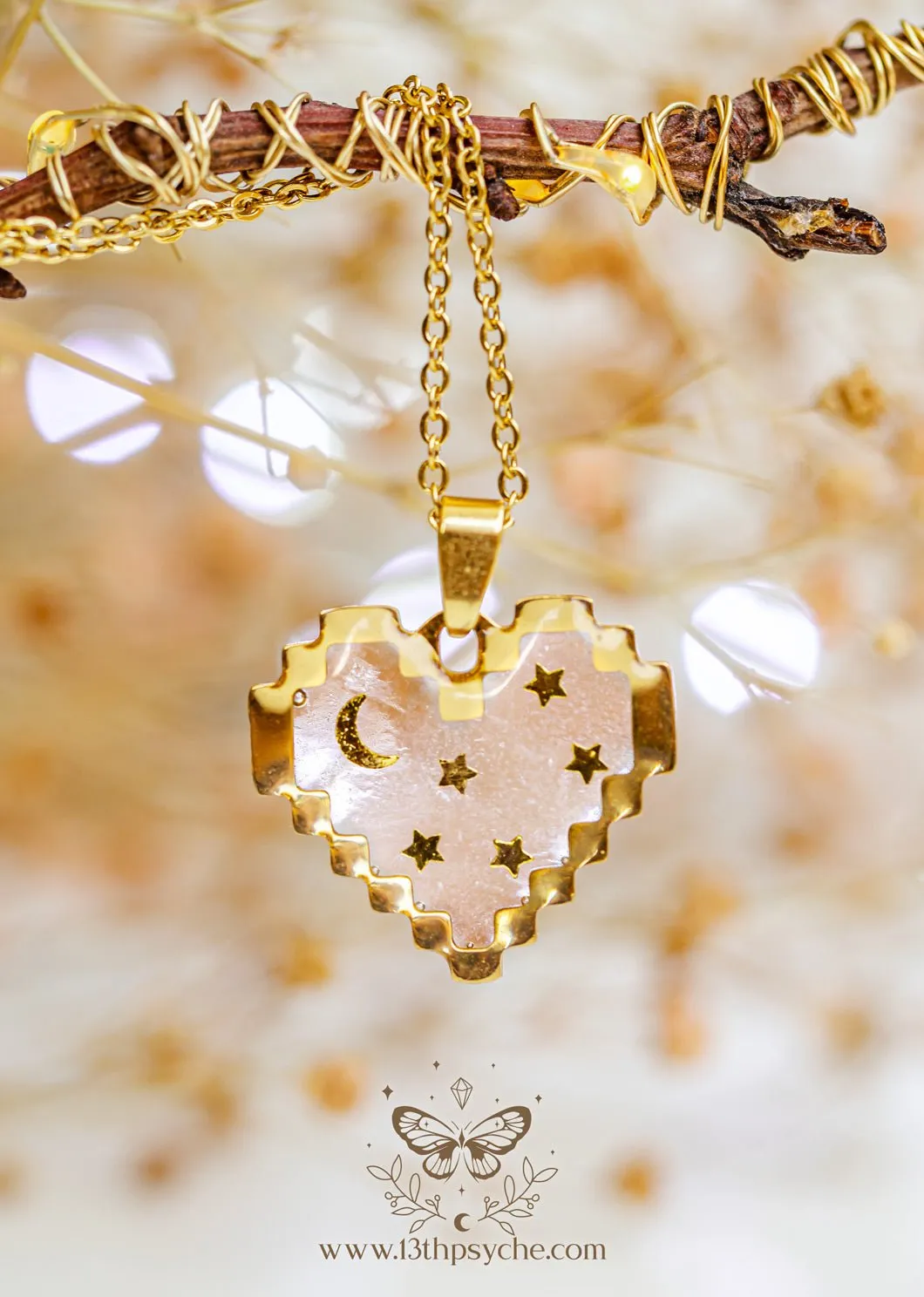 Pixel heart necklace, Moon and stars heart pendant necklace