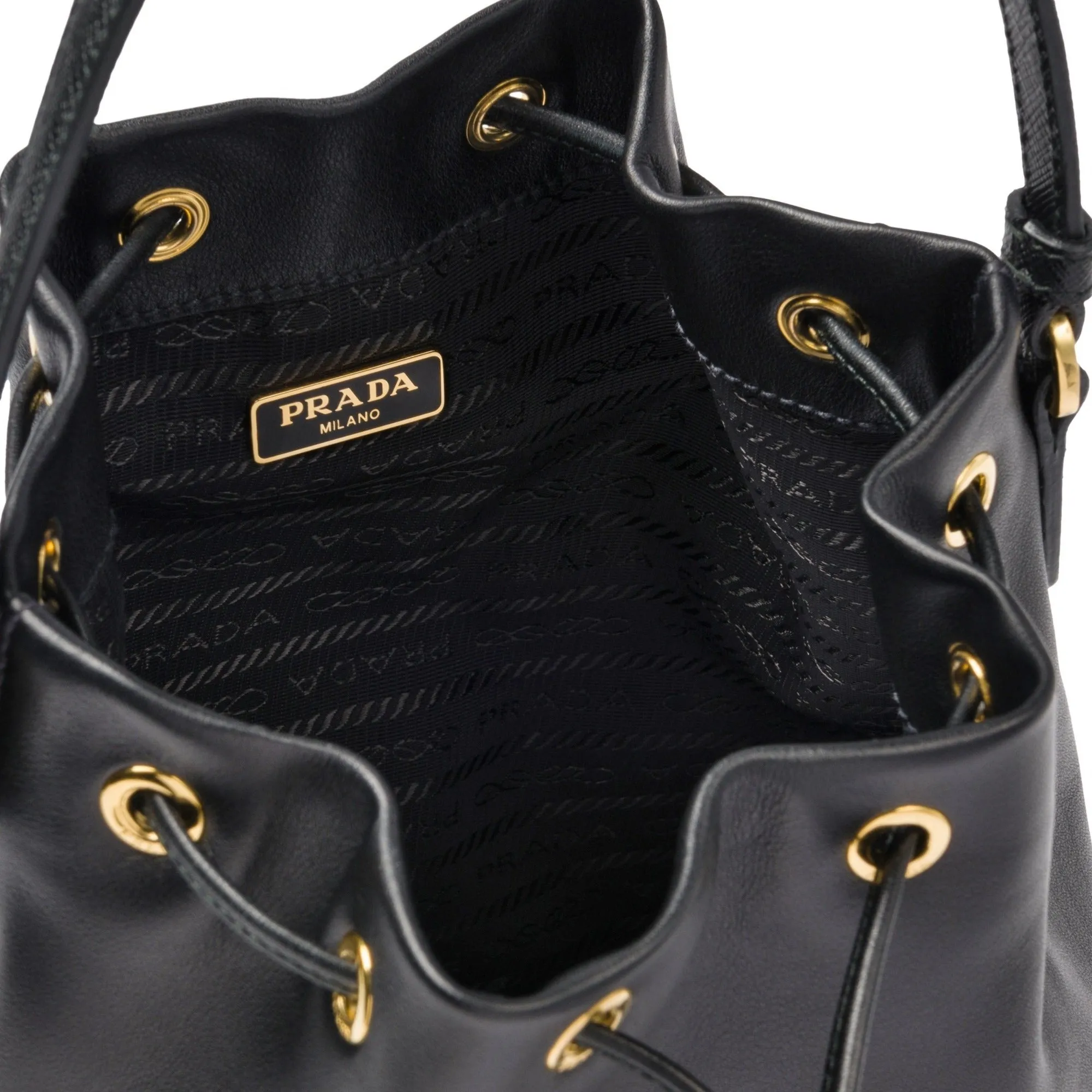 Prada Black Glace Calf Leather Logo Small Bucket Crossbody Bag