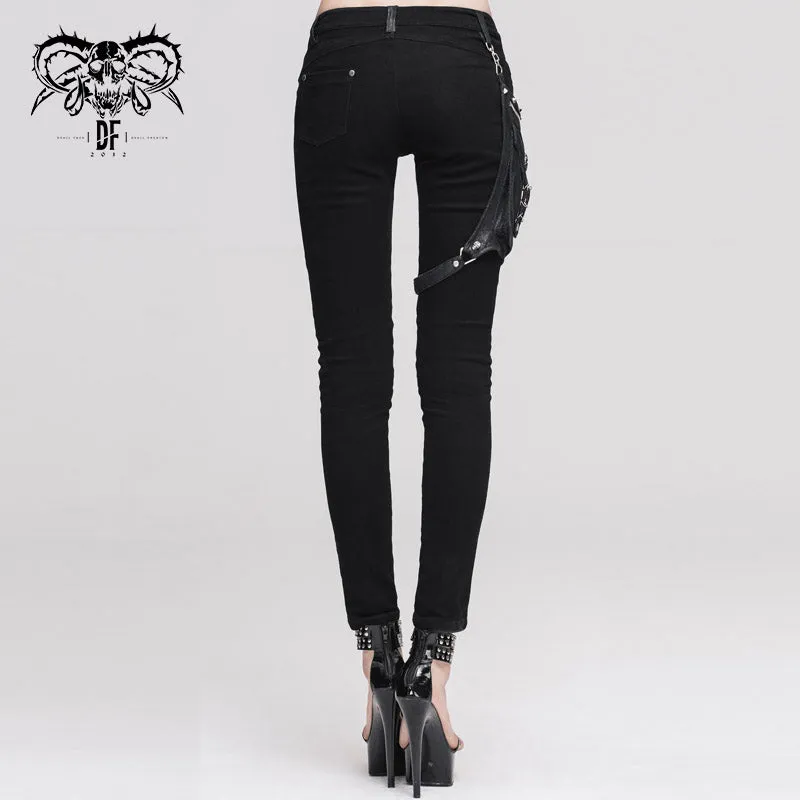 PT01801 daily life punk women black skinny pants with leg bag