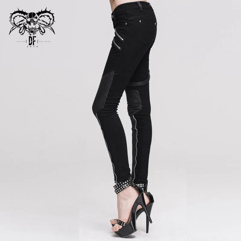 PT01801 daily life punk women black skinny pants with leg bag