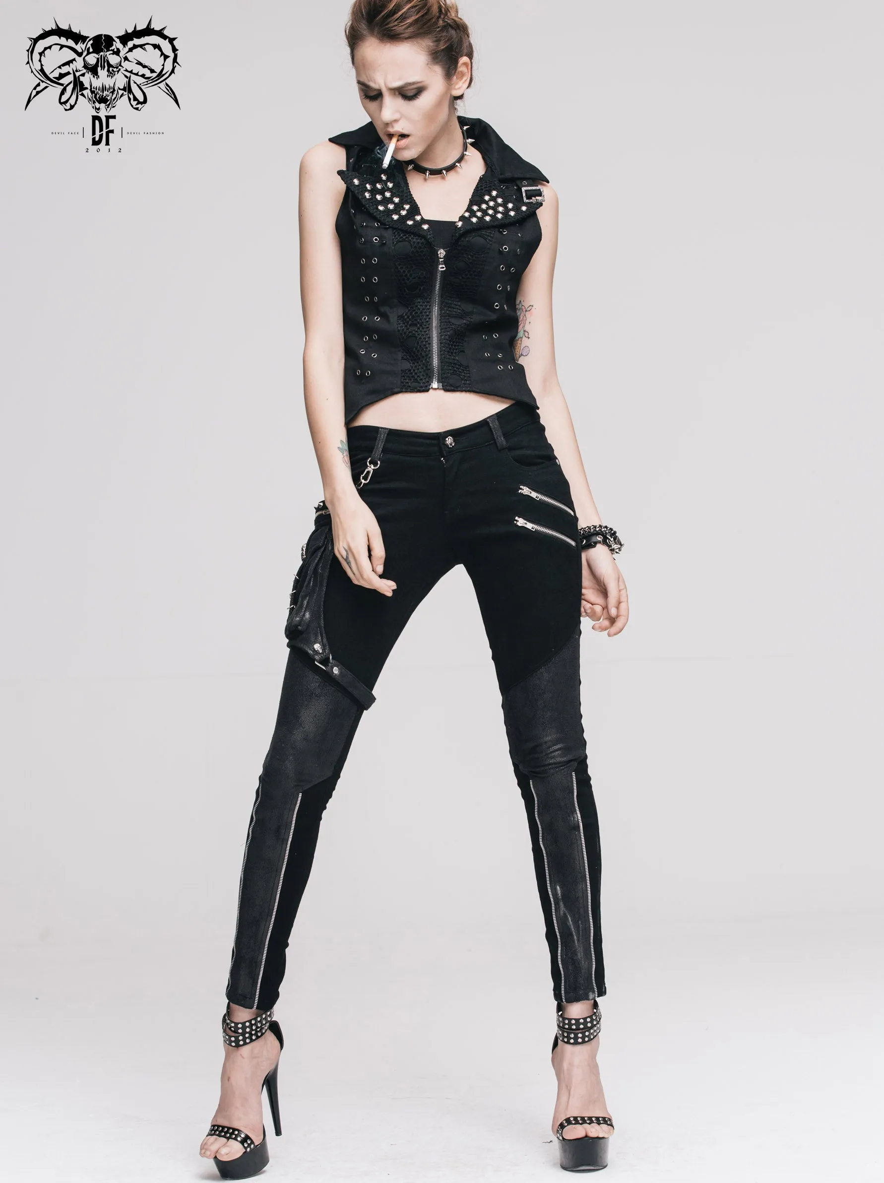 PT01801 daily life punk women black skinny pants with leg bag