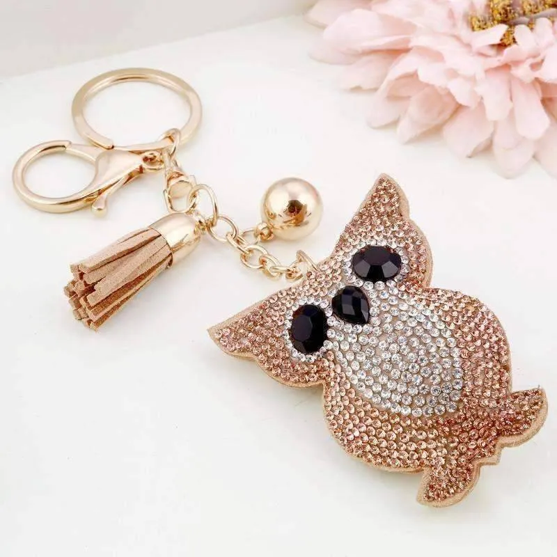 Puffed Owl Crystal Purse Charm Keychain - In Two Colors