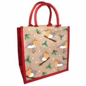 Robins Christmas Jute Gift Bag/Shopping Bag - Large