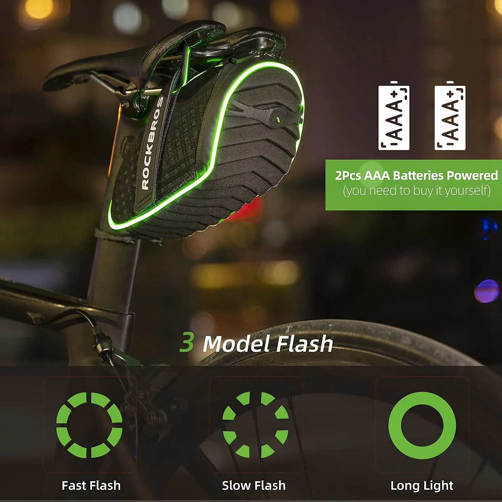 ROCKBROS Bike Seat Bag with LED Light, Waterproof, 3D Shell, and Rain Cover