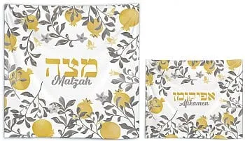 Silk Screened Matzah and Afikomen Set - Pomegranate in Gold/Silver