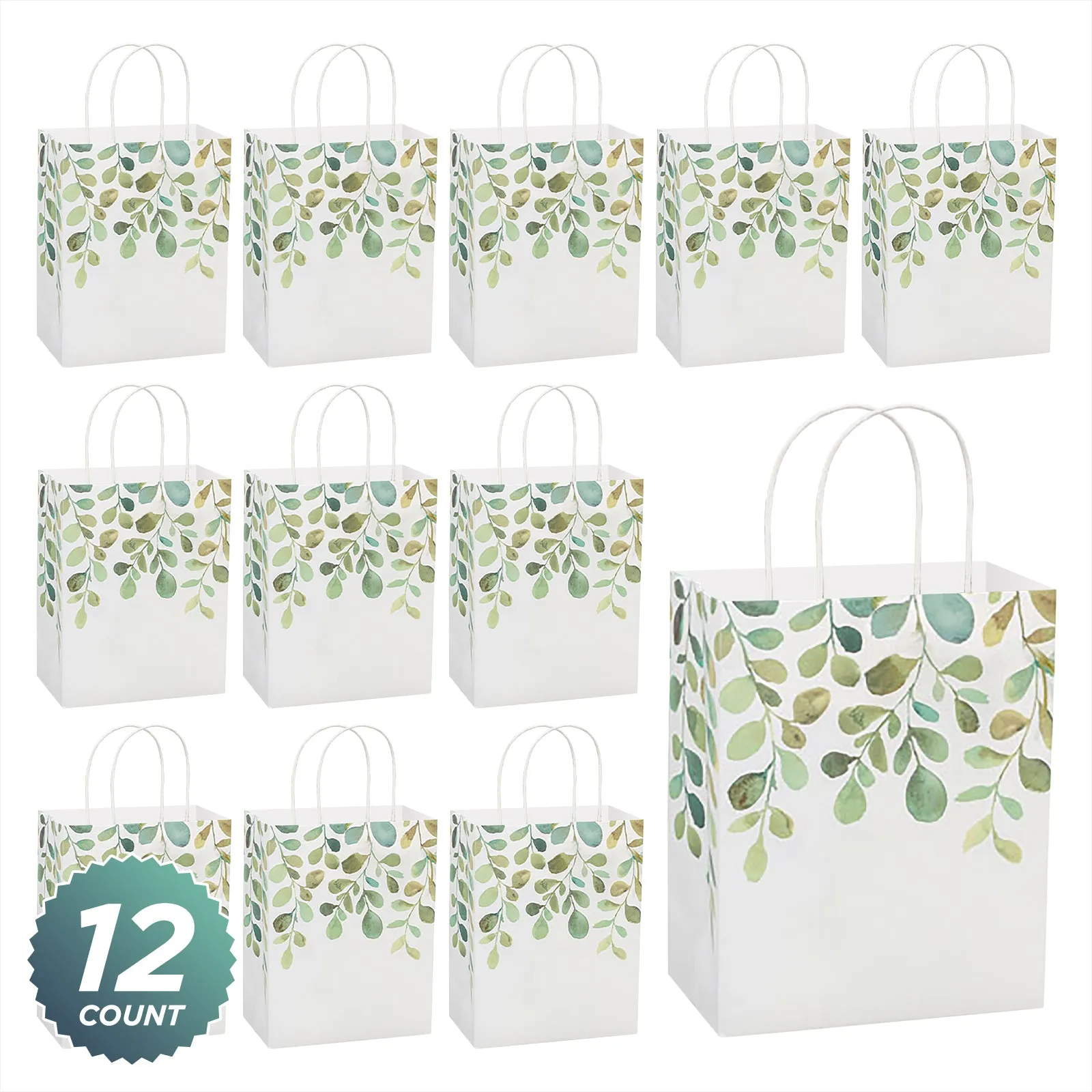 Spring Greenery Watercolor Green Leaf Paper Gift Bags and Party Favor Bags, Medium Size 8.25"x4.75"x10.5" (12 Pack)