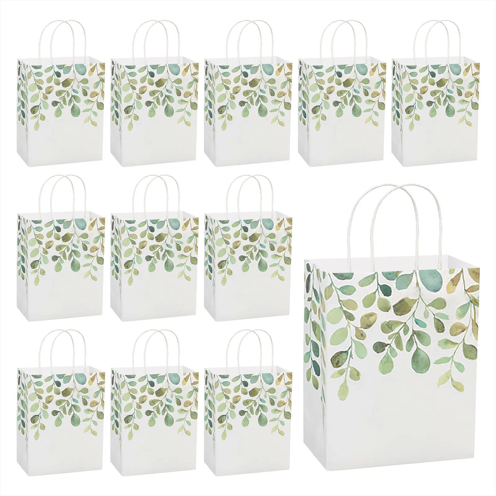 Spring Greenery Watercolor Green Leaf Paper Gift Bags and Party Favor Bags, Medium Size 8.25"x4.75"x10.5" (12 Pack)