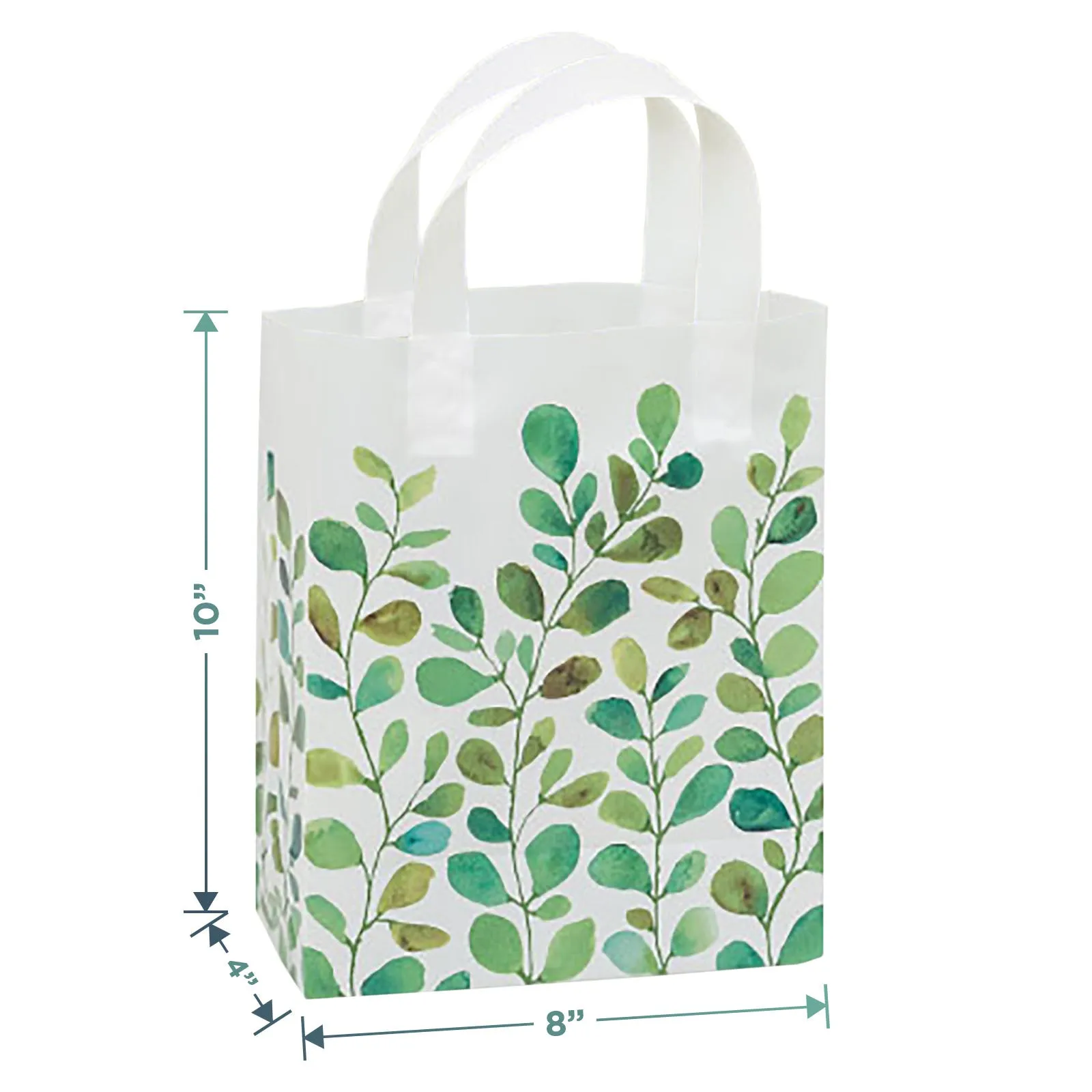 Spring Greenery Watercolor Green Leaf Plastic Gift Bags and Party Favor Bags, Medium Size 8"x4"x10" (25 Pack)