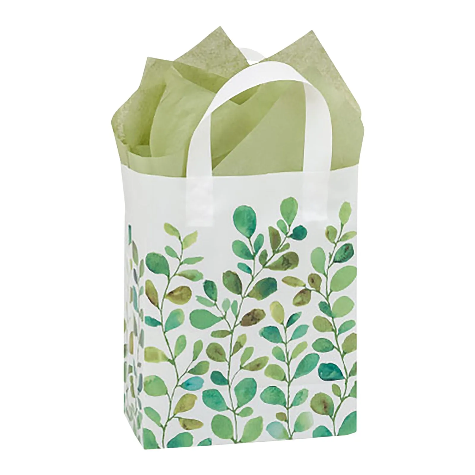 Spring Greenery Watercolor Green Leaf Plastic Gift Bags and Party Favor Bags, Medium Size 8"x4"x10" (25 Pack)