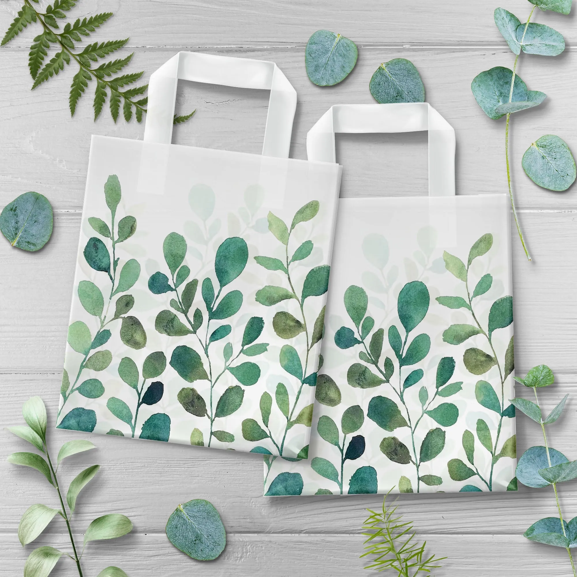 Spring Greenery Watercolor Green Leaf Plastic Gift Bags and Party Favor Bags, Medium Size 8"x4"x10" (25 Pack)