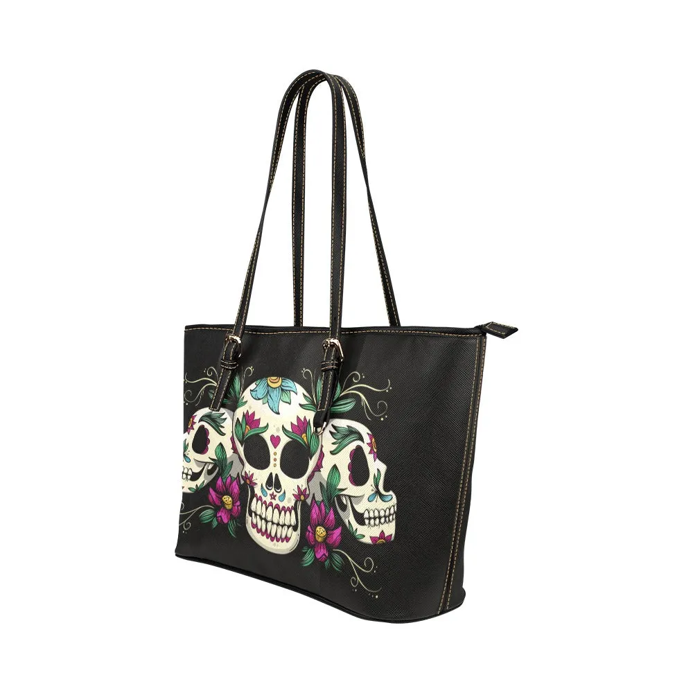 Sugar Skull Tote Bag Purse, Day of the Dead Print Handbag Women Vegan Leather Zip Top Small Large Designer Mexican Shoulder Gothic Work Bag