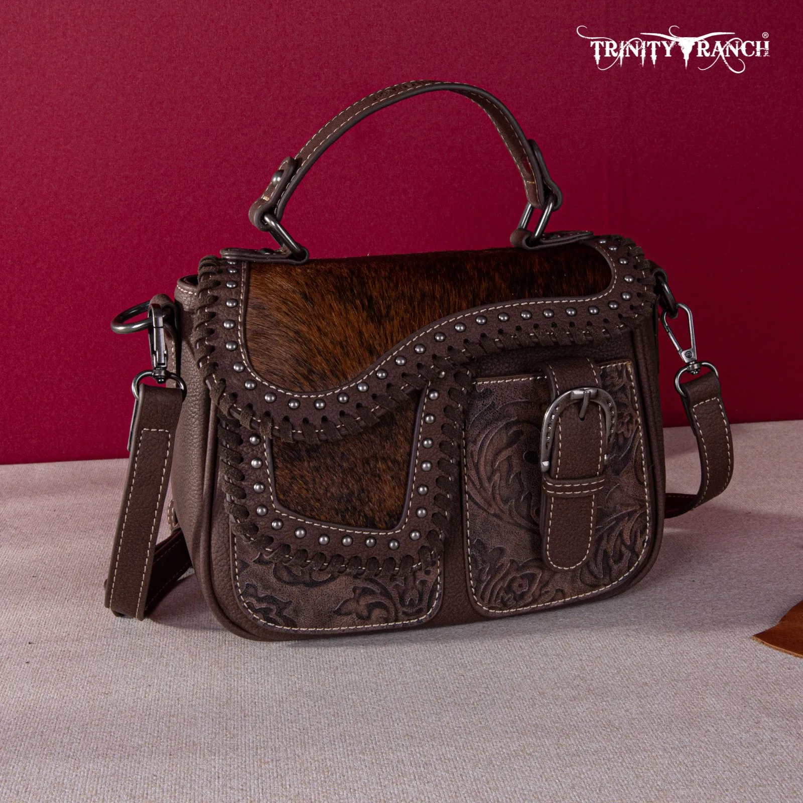 TR149-8360 Trinity Ranch Hair-On Cowhide Saddle Shape Collection Crossbody/Satchel - Coffee