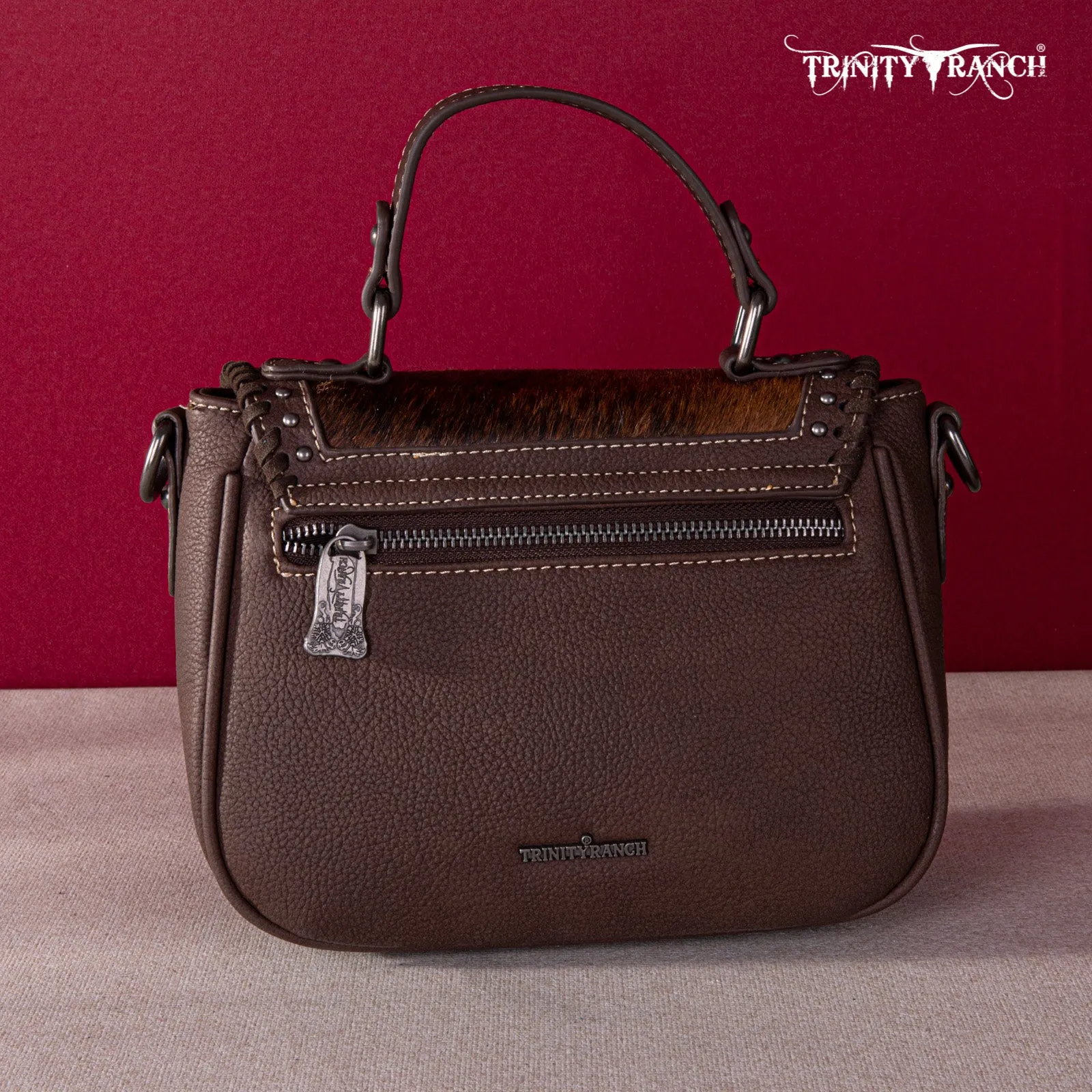 TR149-8360 Trinity Ranch Hair-On Cowhide Saddle Shape Collection Crossbody/Satchel - Coffee